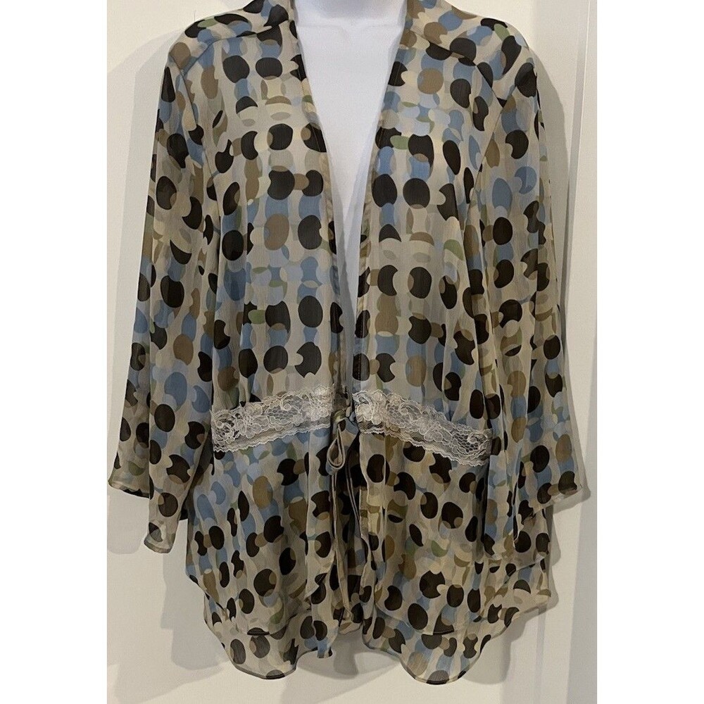 Vtg Open cardigan abstract circle lace earth tone polka dot sheer kimono 2XL